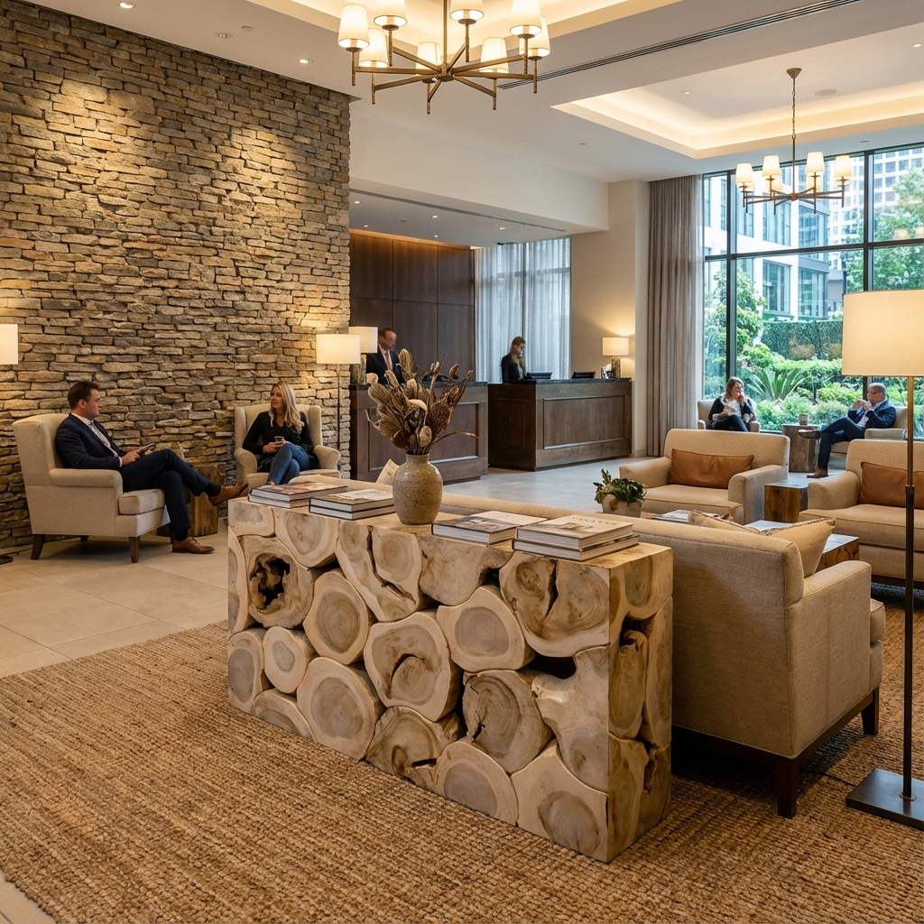 Modern lobby with stone wall, wooden log console table, and people sitting on beige chairs.
