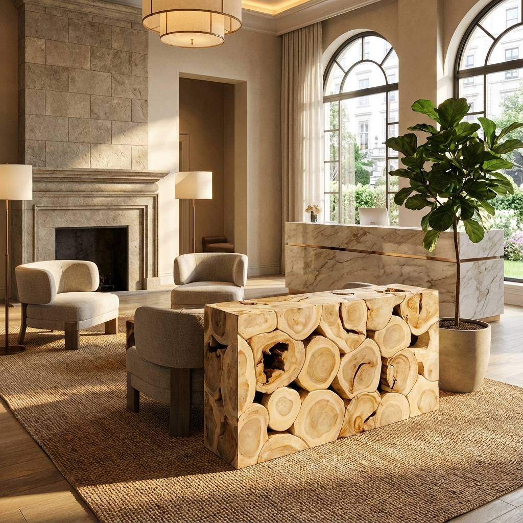 Modern living room with a wooden log console table, chairs, and a fireplace.