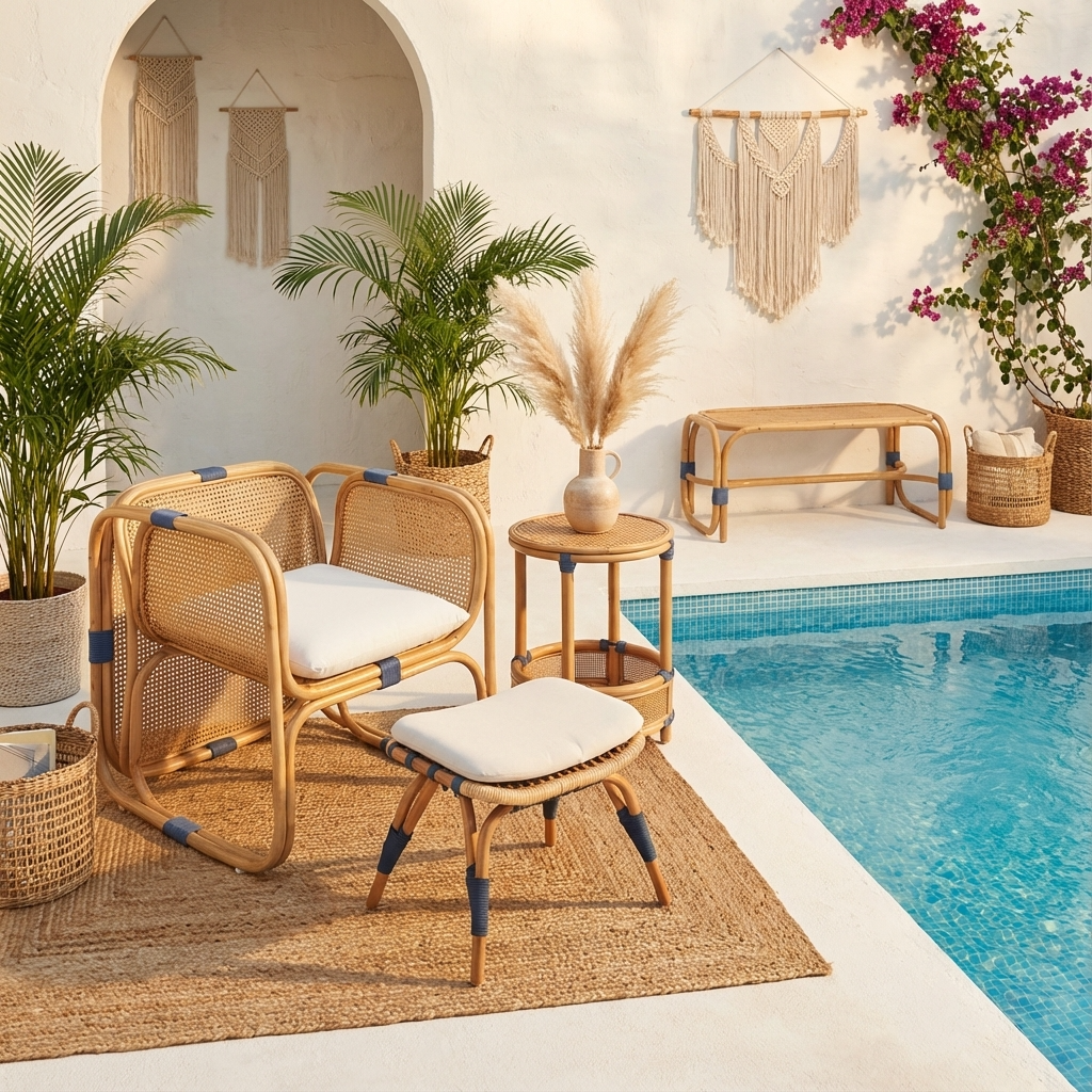 Rattan furniture set by a pool with plants and decorative elements.