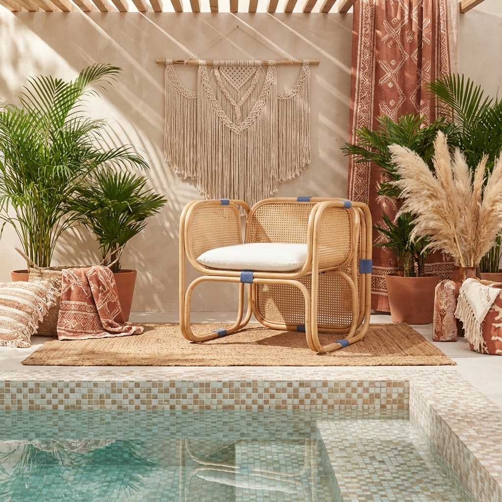 Rattan chair with white cushion by a poolside with plants and decorative wall hanging.