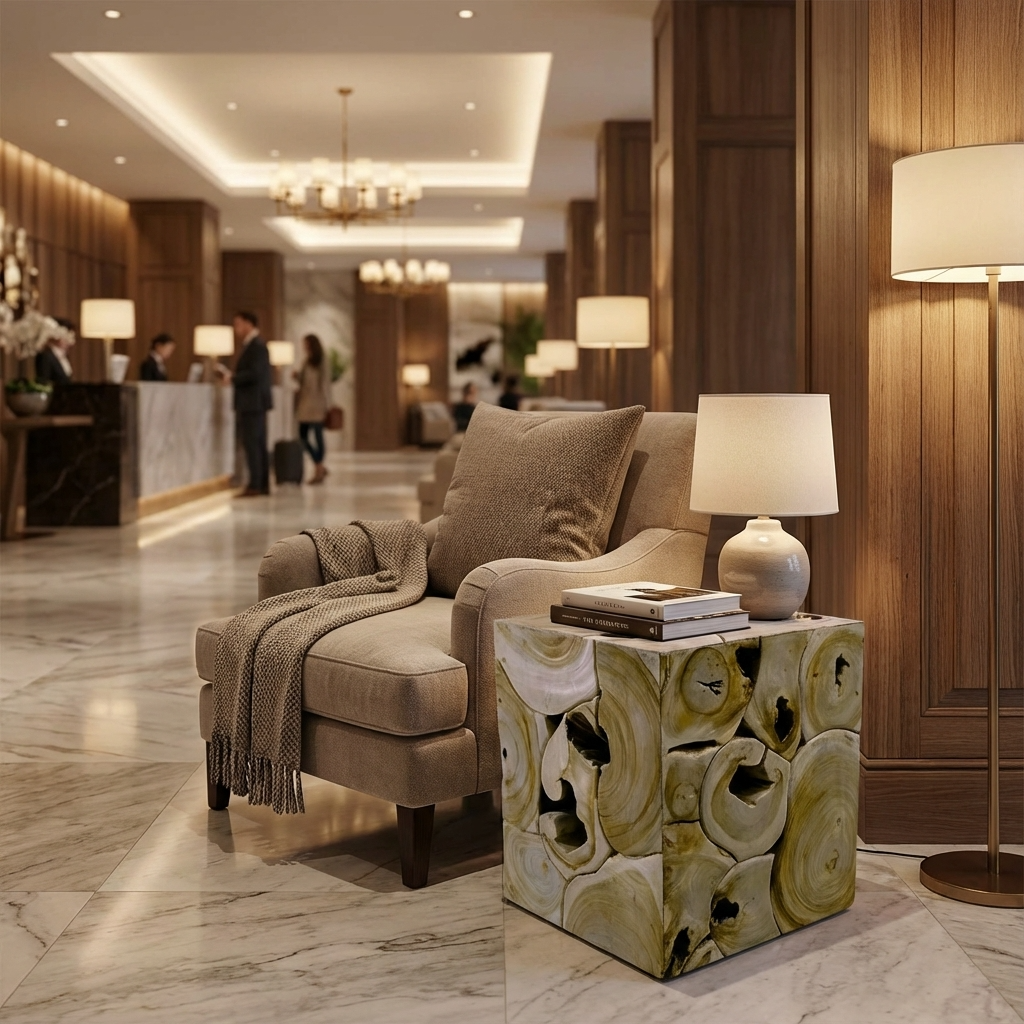 Luxurious interior with a plush armchair and decorative side table in a high-end hotel lobby.