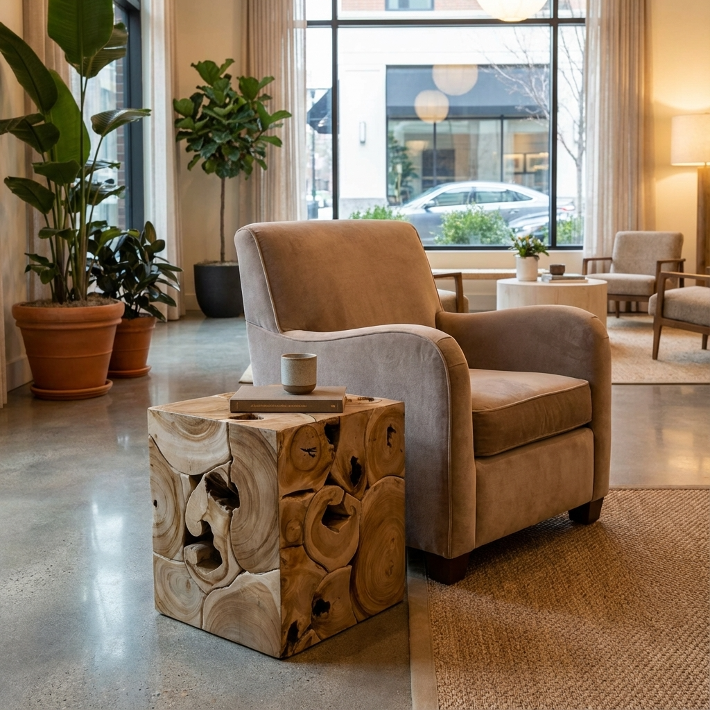 Modern living room with a brown armchair and wooden side table.