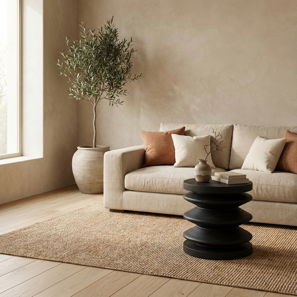 Cozy living room with beige sofa, decorative pillows, and a black side table.