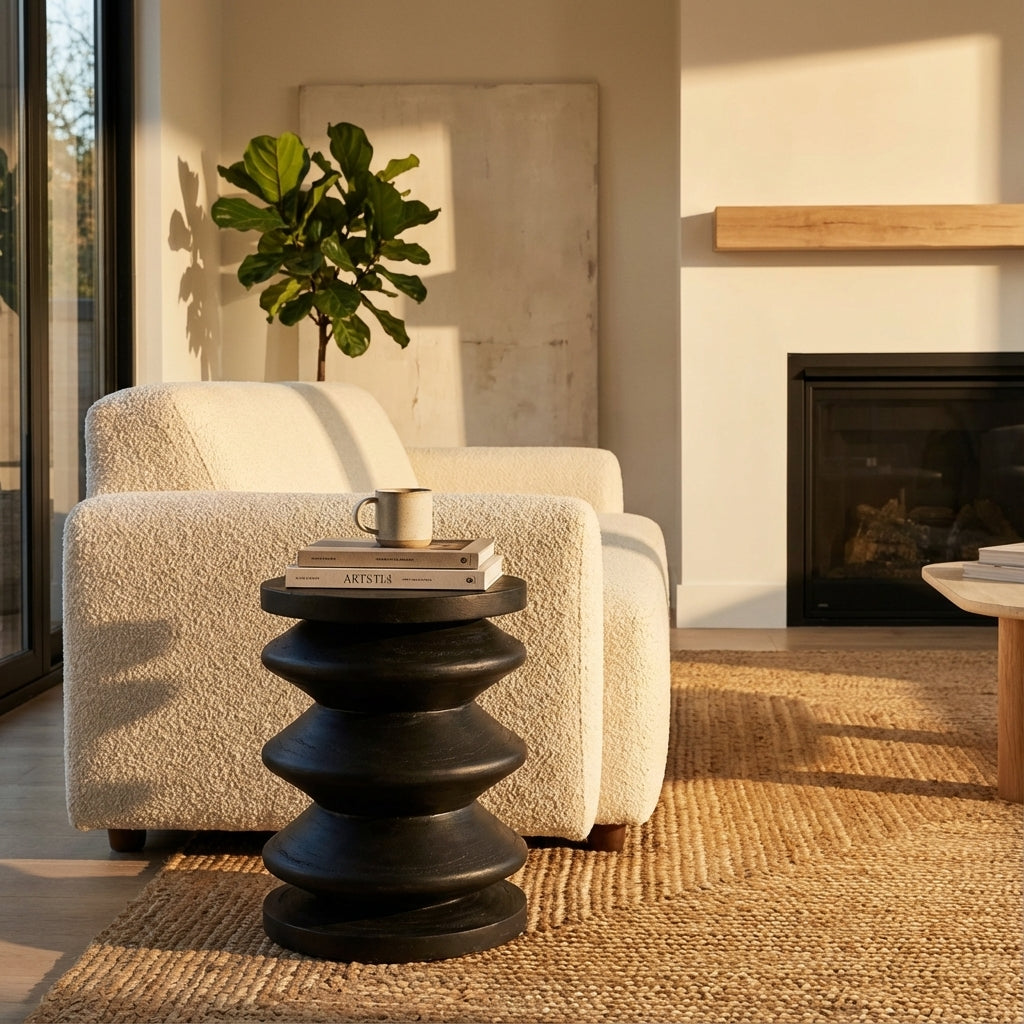 Modern living room with a white armchair, black side table, and fireplace.
