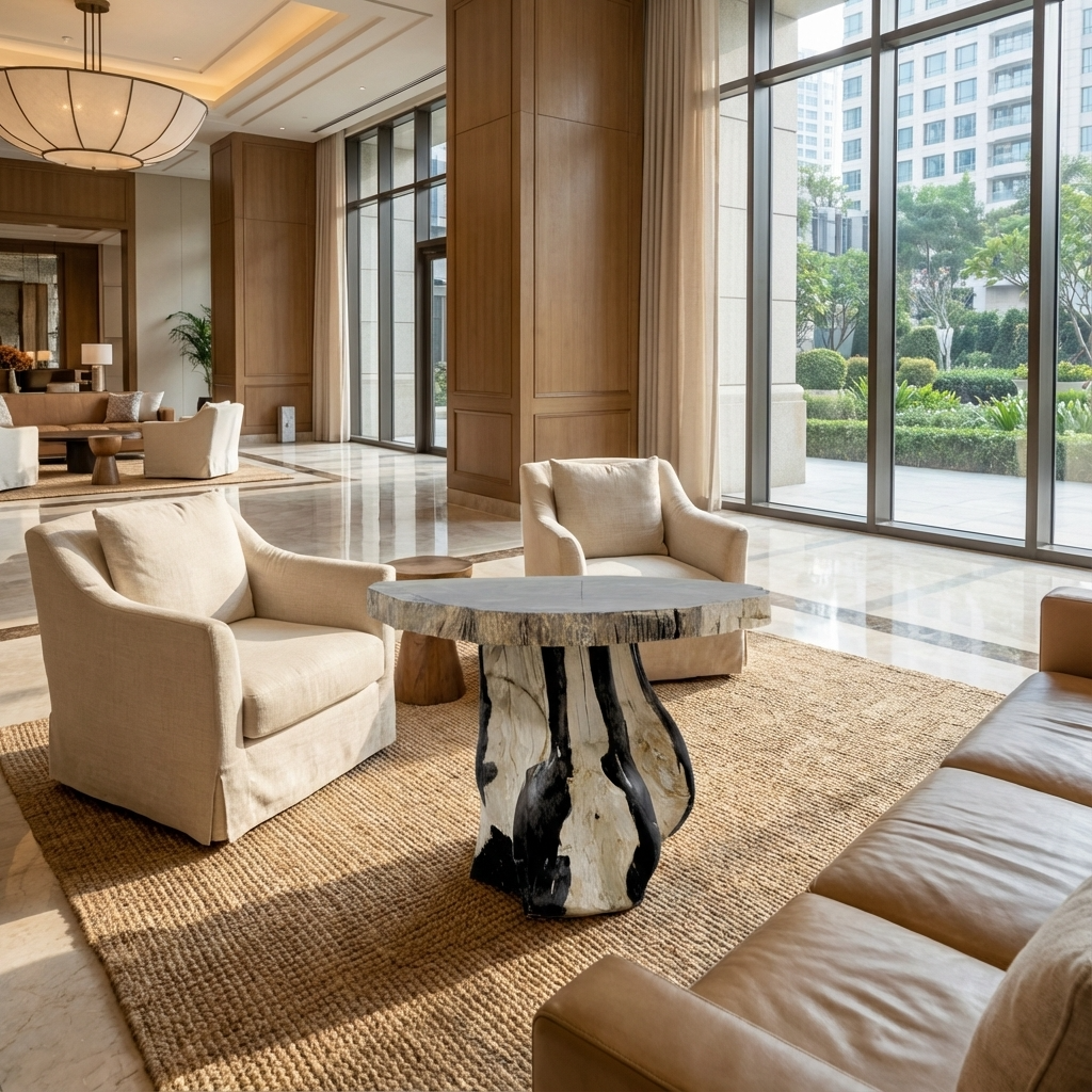 Luxurious interior of a modern hotel lobby with beige chairs and a unique table.