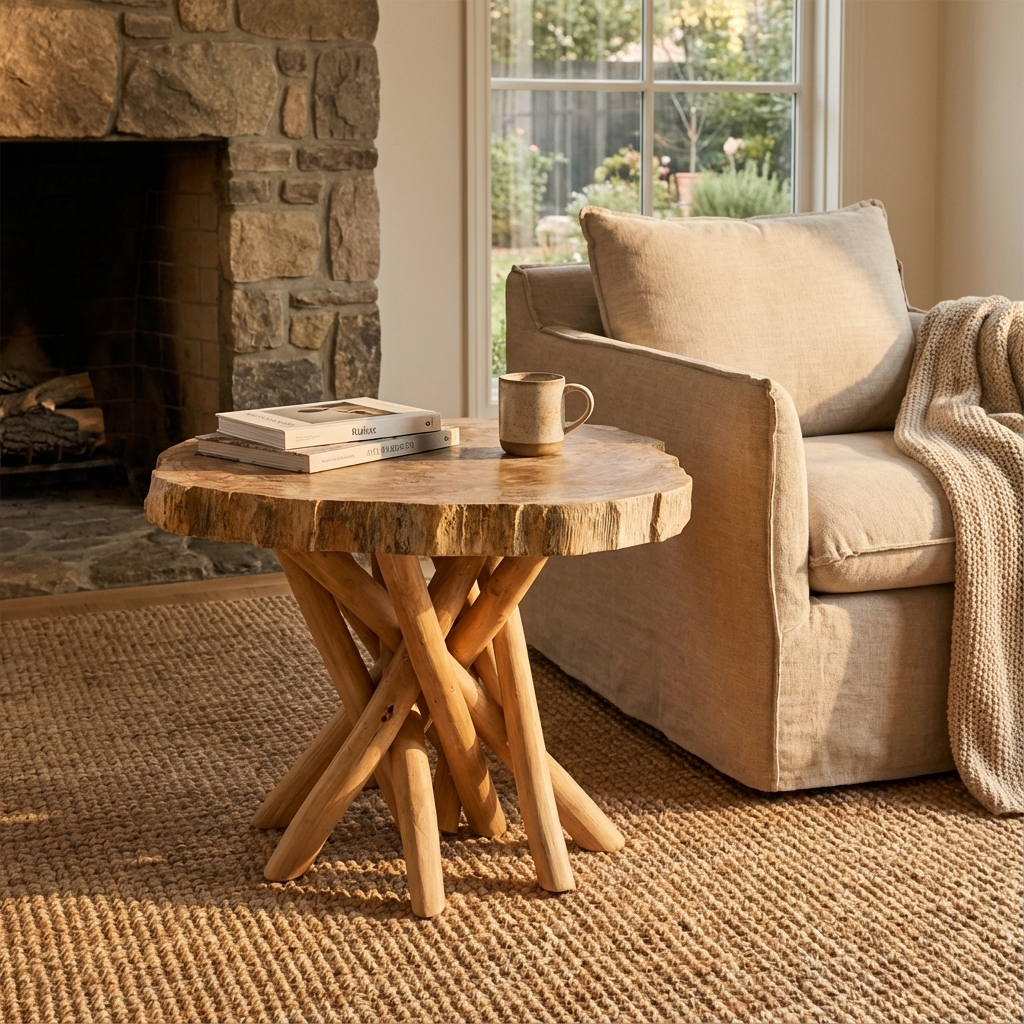 Cozy living room with a stone fireplace, wooden side table, and beige sofa.