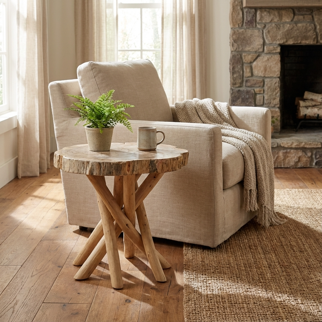 Beige armchair with a wooden side table featuring a plant and mug, in a cozy living room setting.