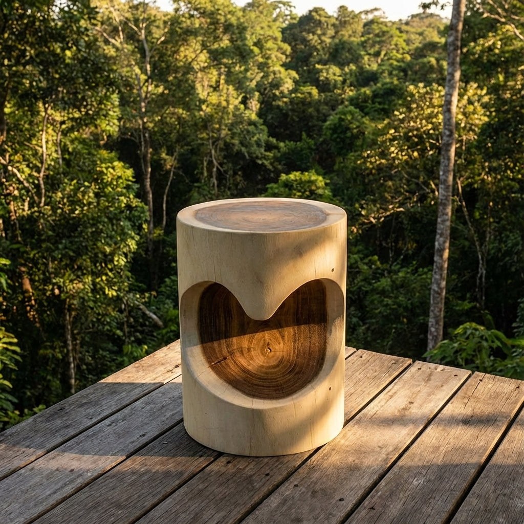 Wooden stool with a heart-shaped design on a wooden deck overlooking a forest.