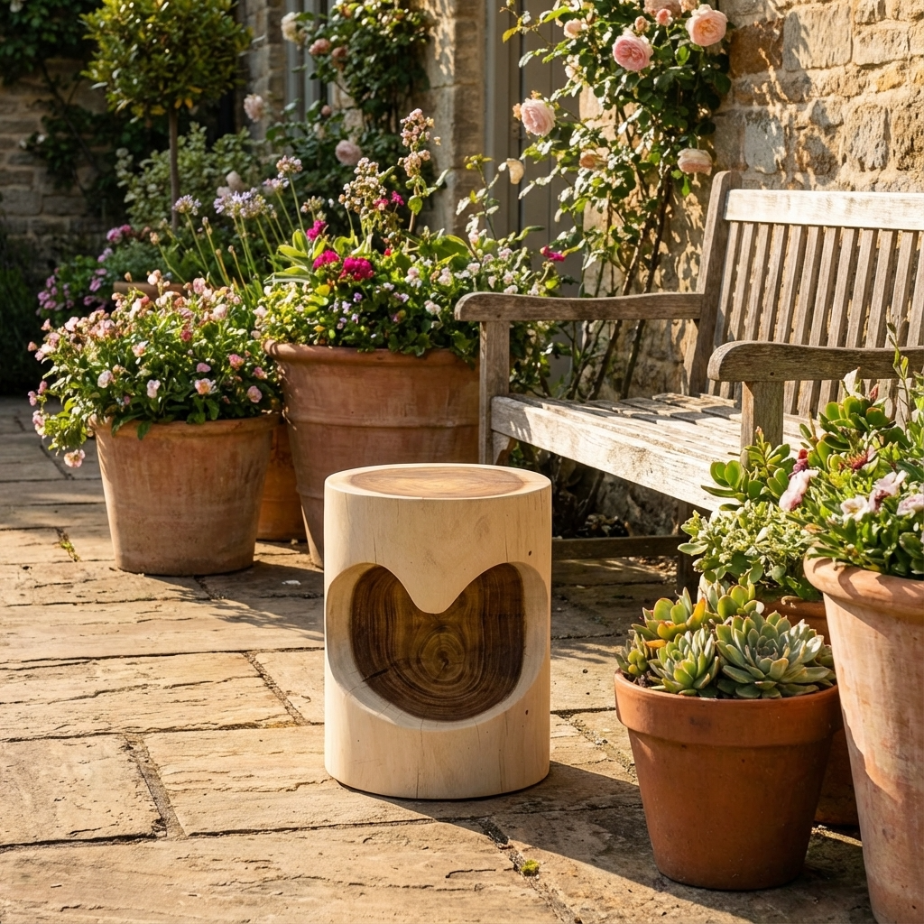 Wooden bench and stool with potted plants on a stone patio