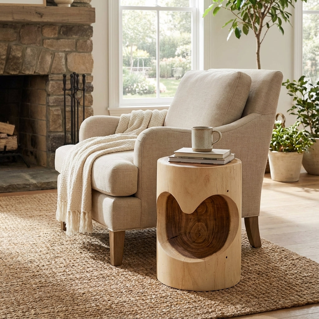 Cozy living room with a beige armchair, wooden side table, and fireplace.