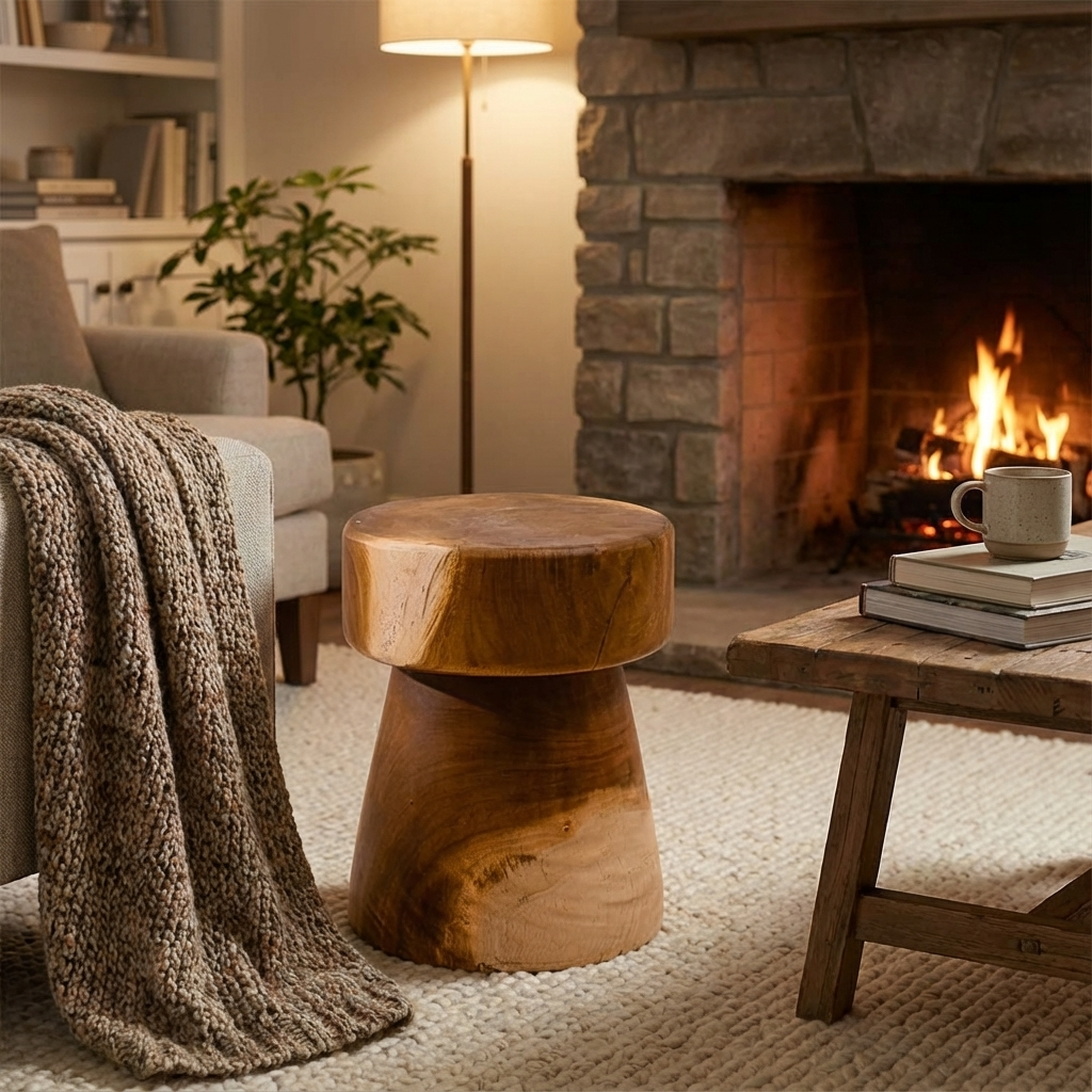Cozy living room with a wooden stool, fireplace, and books.
