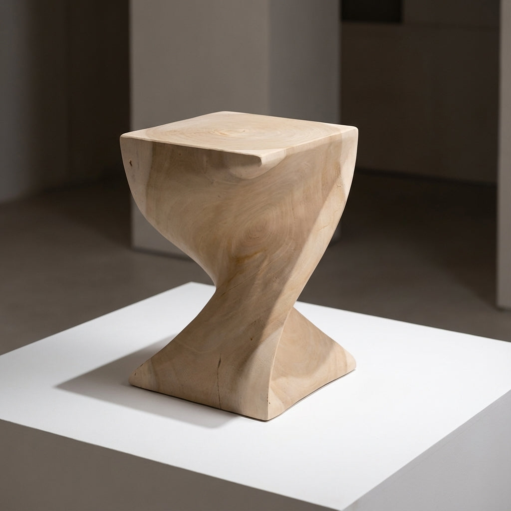 Wooden stool with a unique design on a white platform