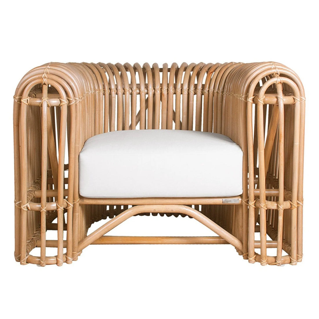 Lounge Armchair Desire handcrafted rattan armchair with white cushion and natural finish