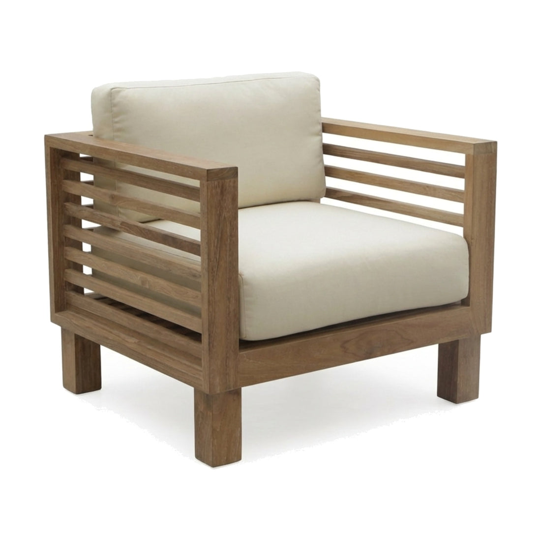 Saint Tropez lounge chair in angled view with beige cushions and wooden frame