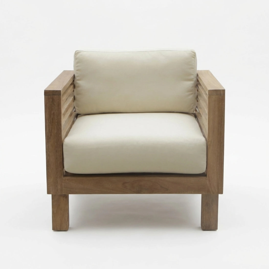 Wooden armchair with beige cushions on a white background