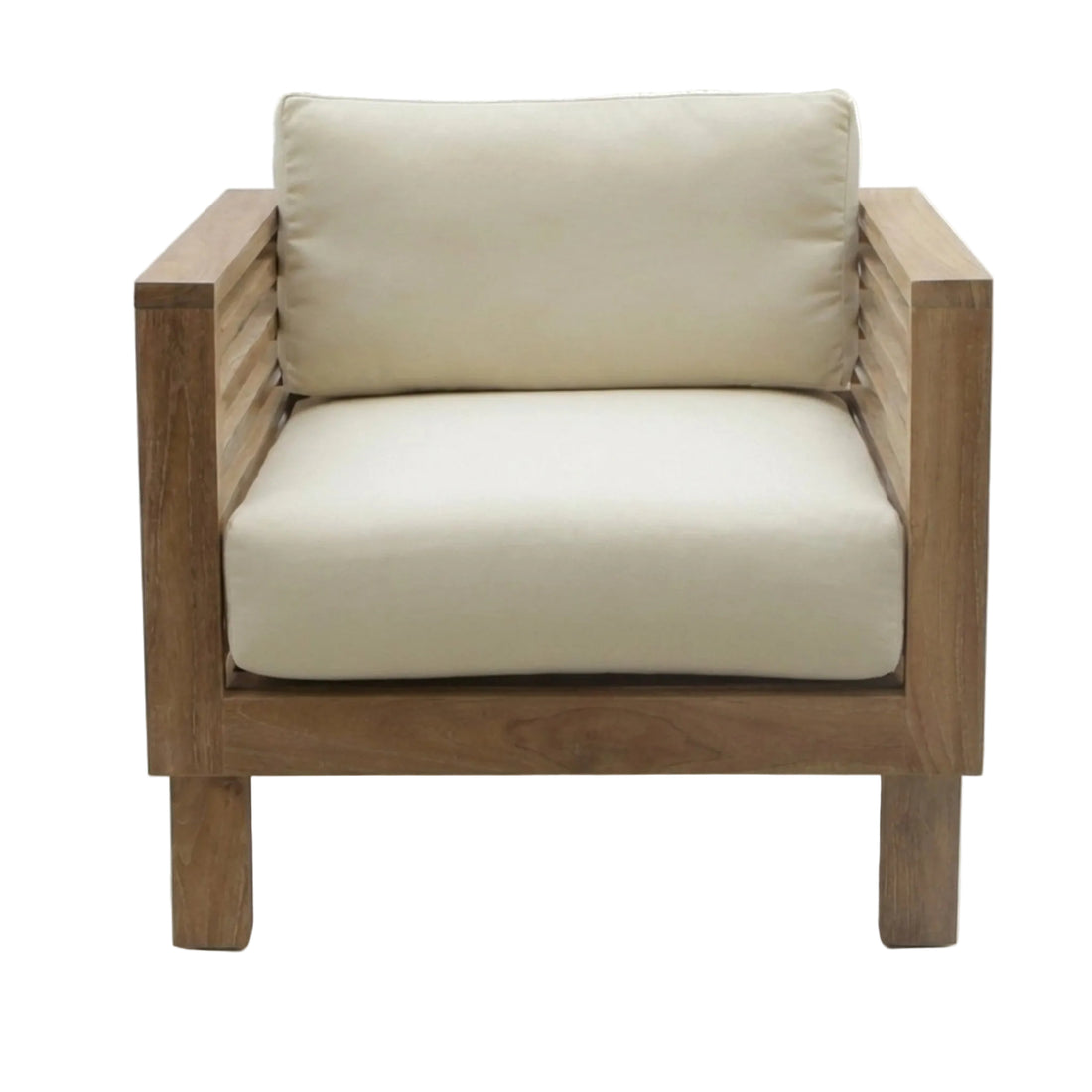 Saint Tropez lounge chair with beige cushions and wooden frame