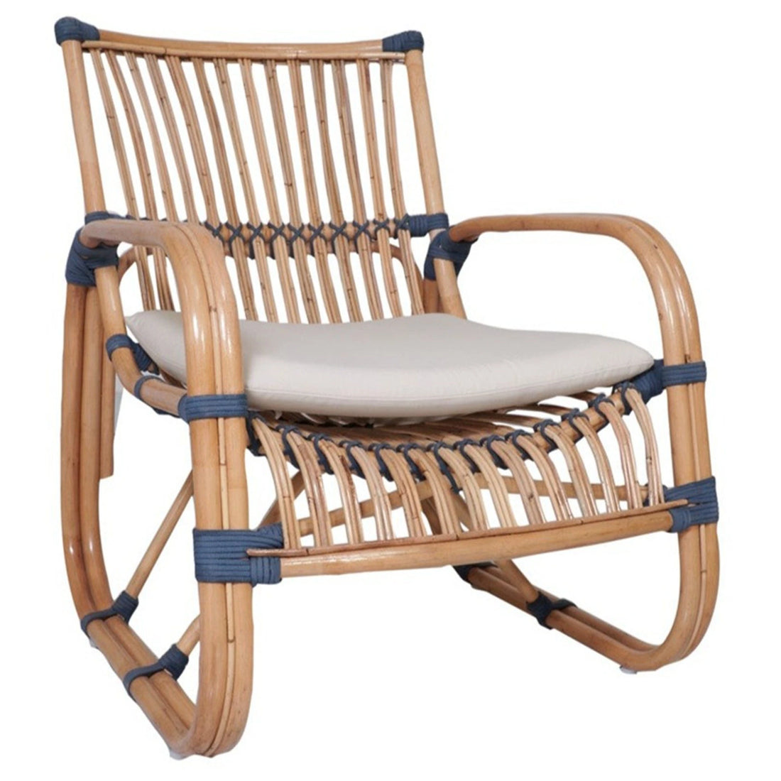 Lounge Chair Capriccio in natural rattan with blue accent bindings and a light seat cushion on a light background