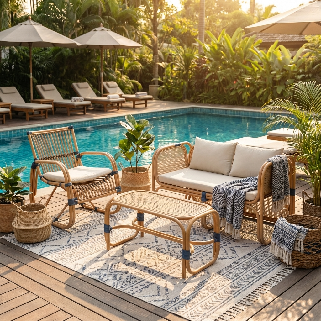 Outdoor patio furniture by a pool with umbrellas and plants