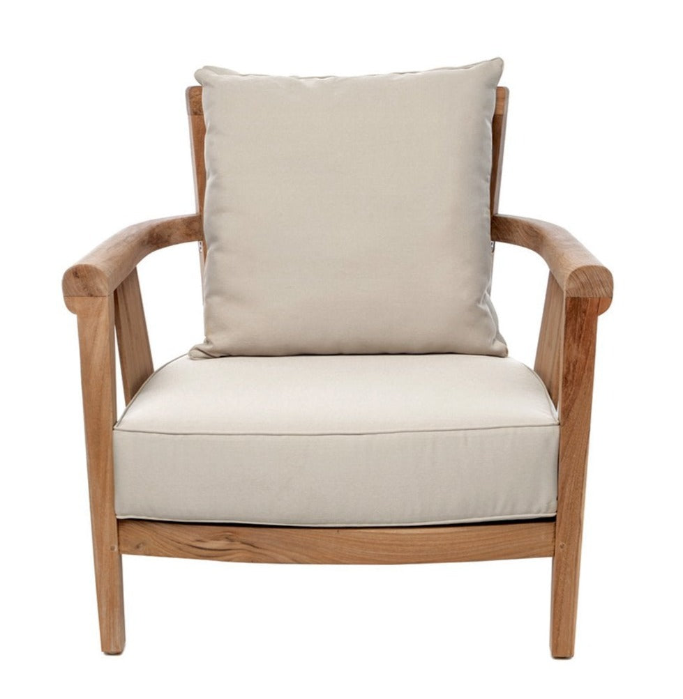 A beige cushioned lounge chair with a wooden frame.