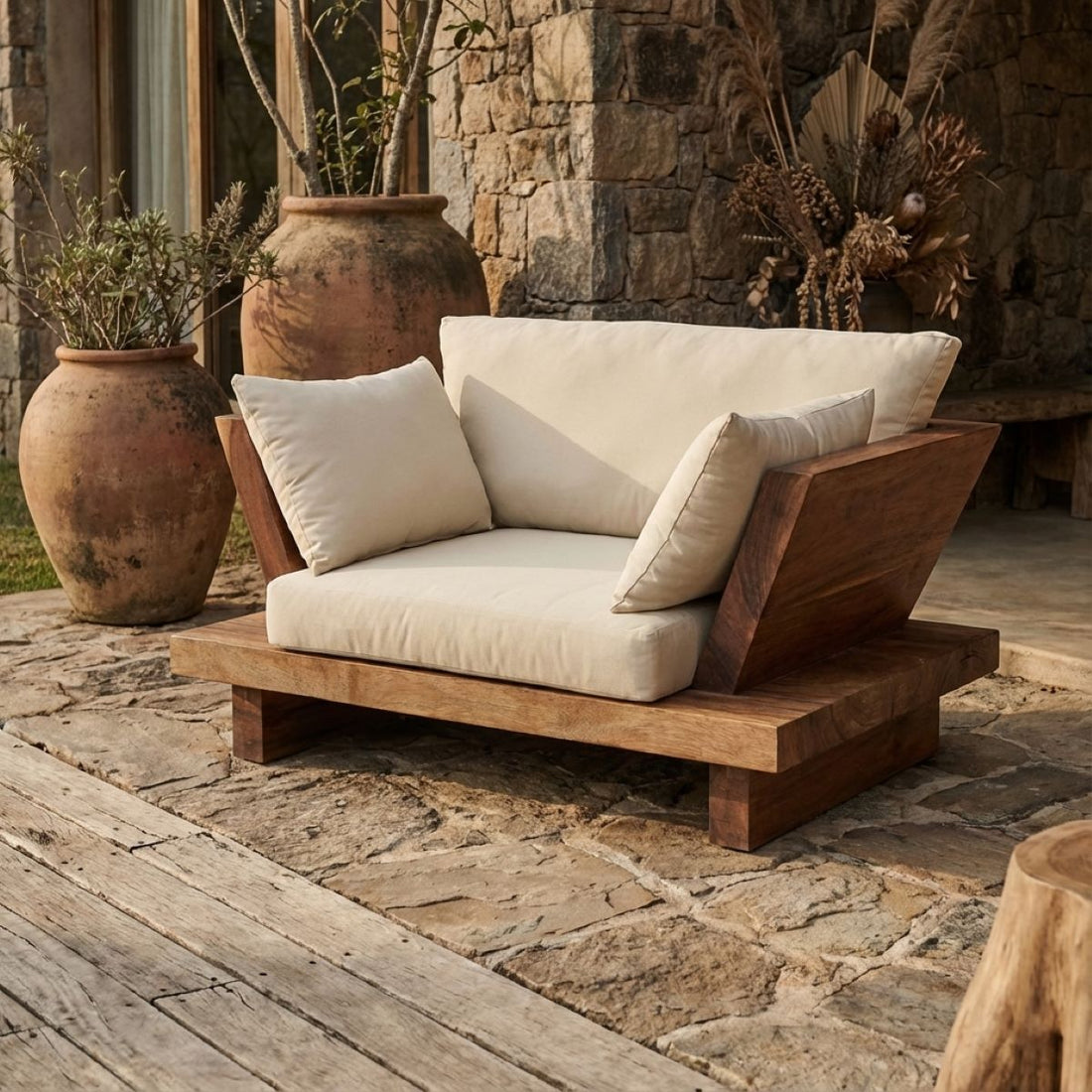 Wooden lounge chair with white cushions on a stone patio