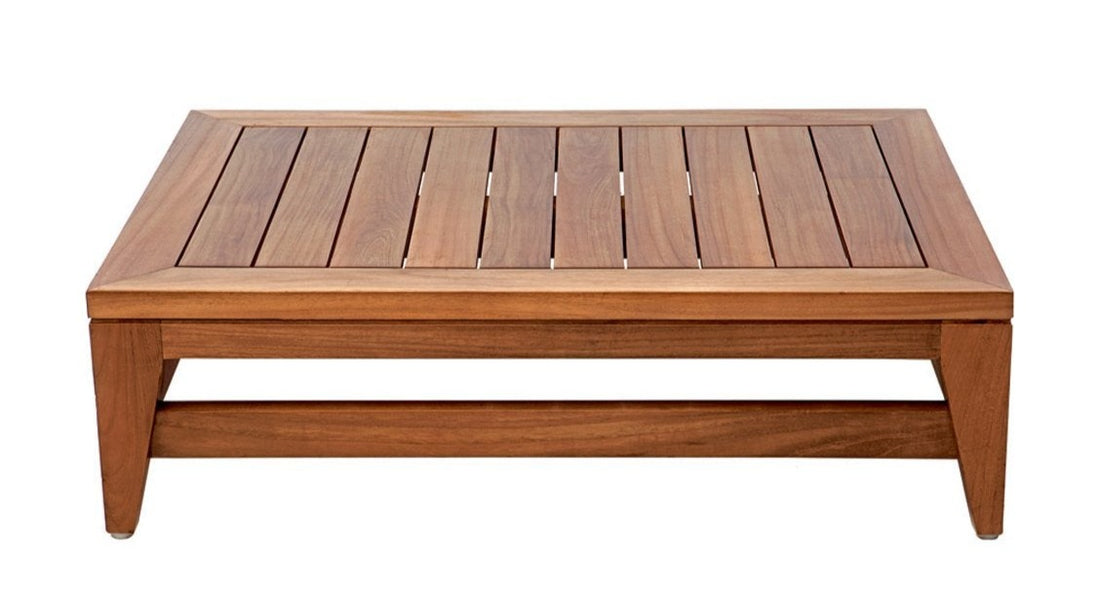 A wooden ottoman without cushion, featuring a flat, rectangular top with slats and a matching wooden frame.