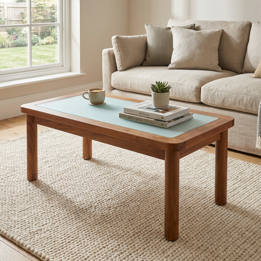 Wooden coffee table with a glass top in a living room setting.