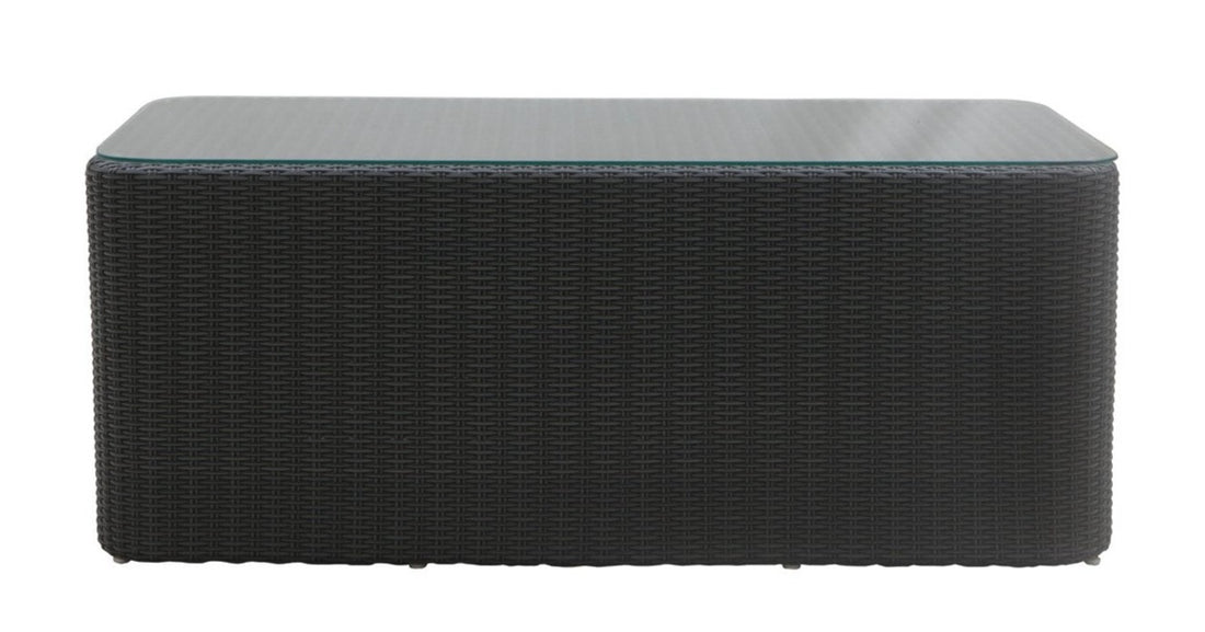 A rectangular outdoor coffee table with a black woven base and an optional clear glass tabletop.