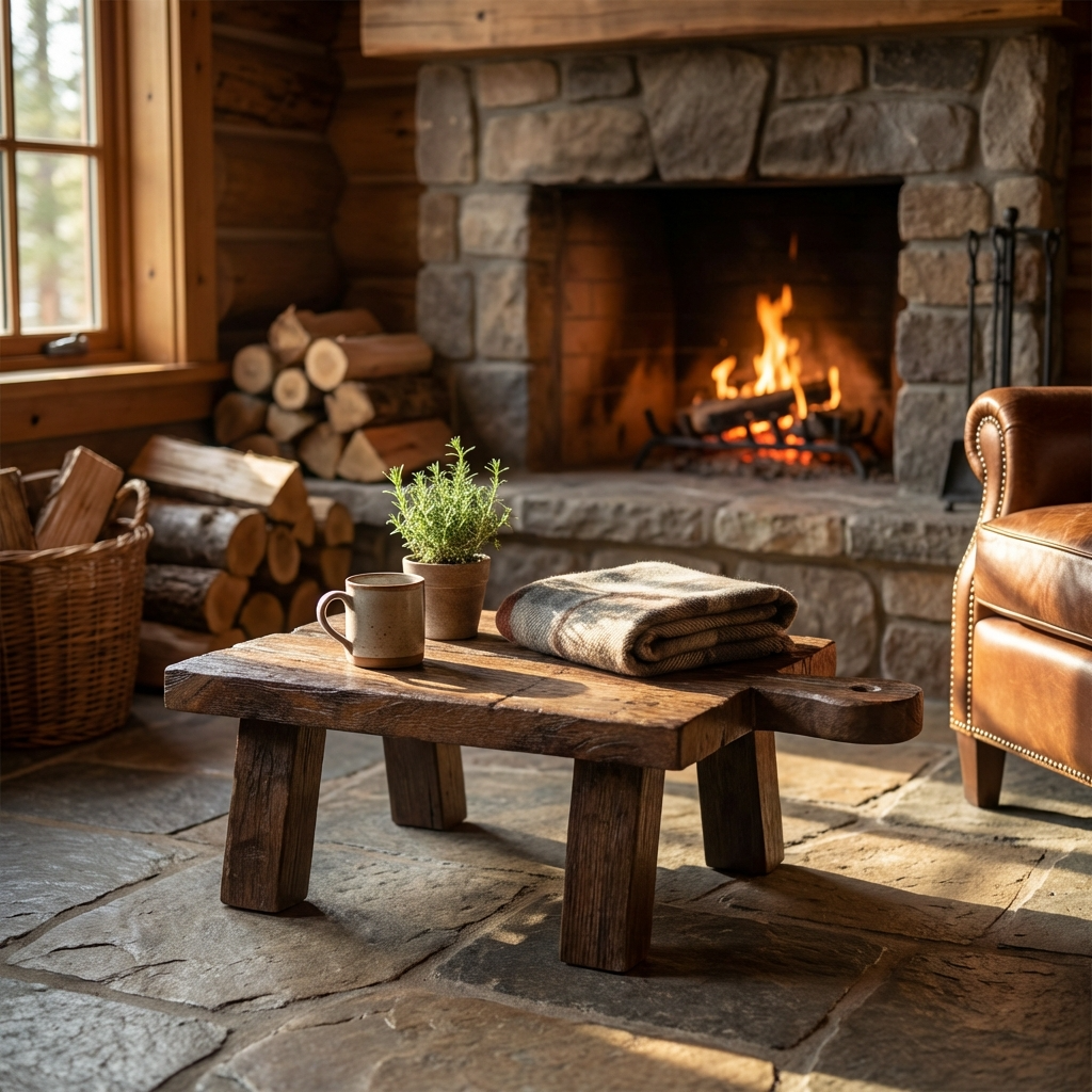 Cozy living room with stone fireplace, wooden table, and leather chair.