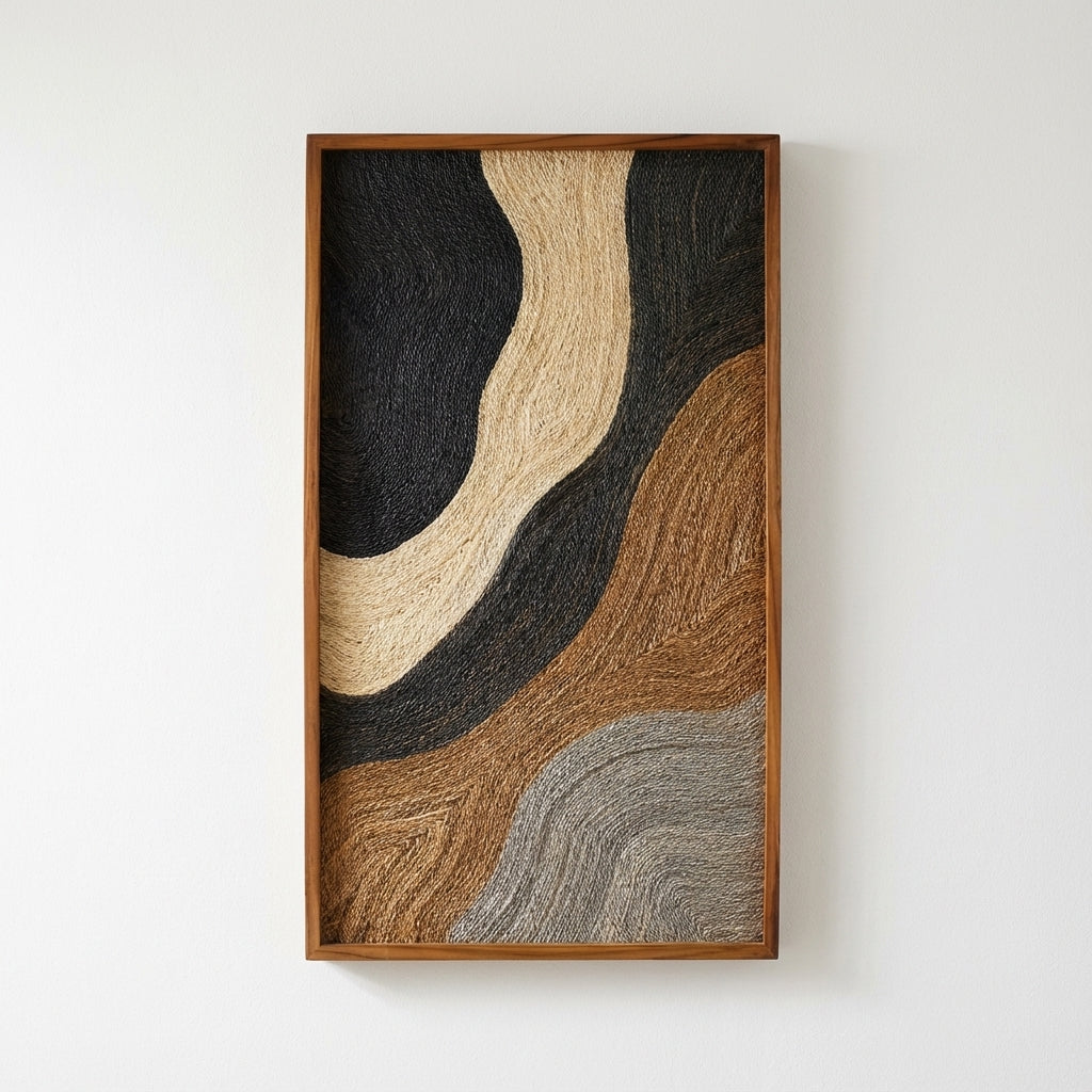 Framed abstract art piece with wavy patterns in black, beige, brown, and gray on a white background