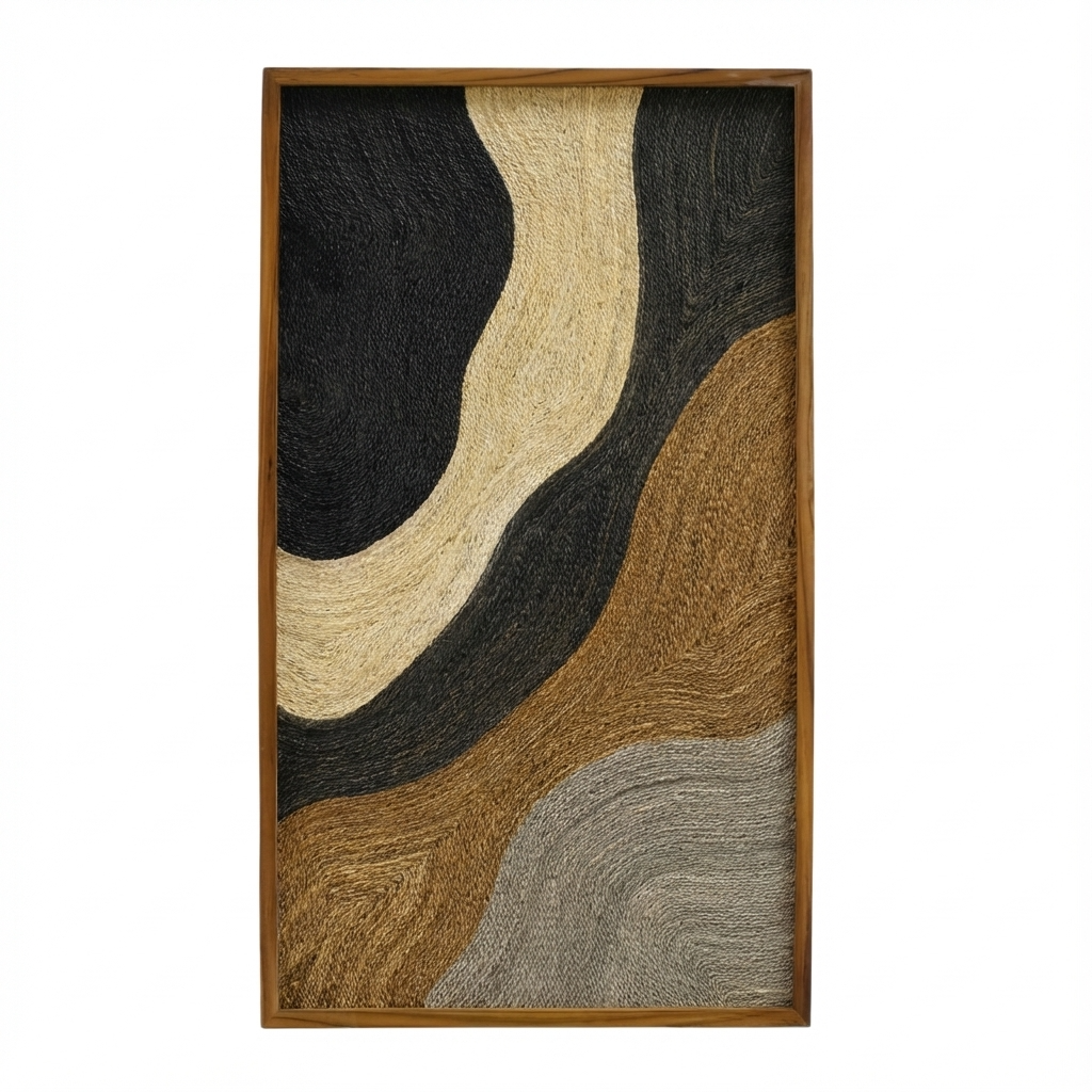 Abstract textured wall art with wavy patterns in black, beige, brown, and gray on a white background.