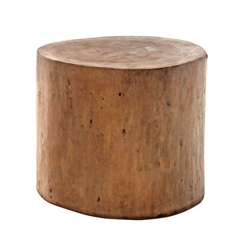 A round side table made of Suar wood with a natural grain pattern.