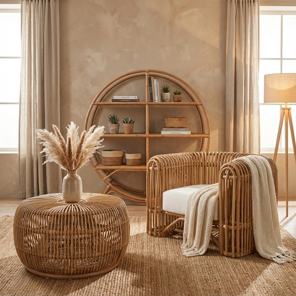 Cozy living room with wicker furniture, a round ottoman, and a bookshelf.