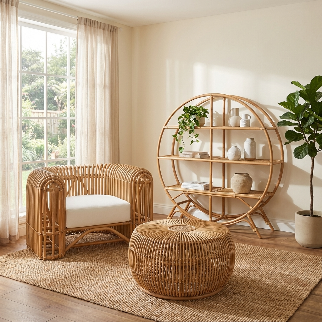 Rattan armchair and ottoman with a round wooden shelf in a bright room.