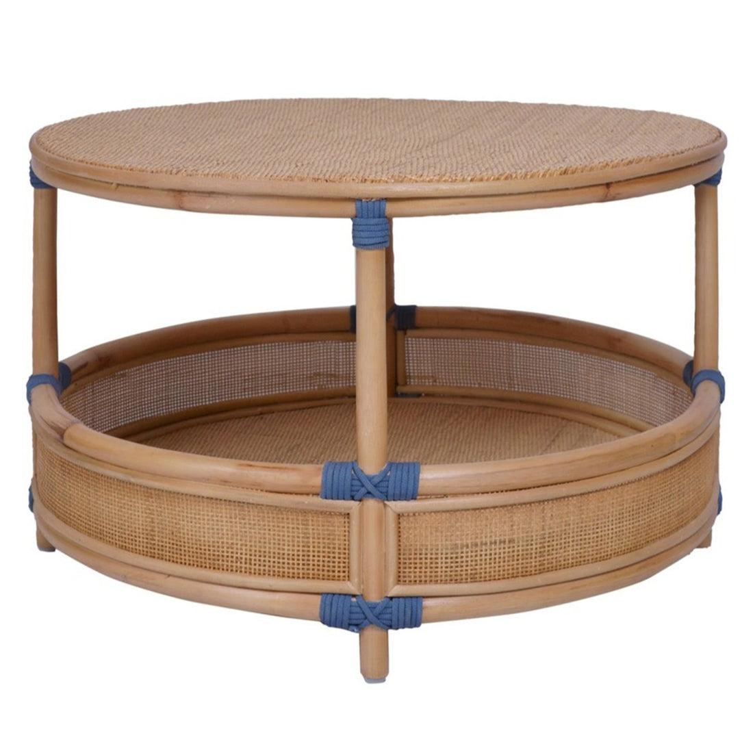 Round Coffee Table Capriccio in natural rattan with blue accent bindings and woven lower shelf on a light background