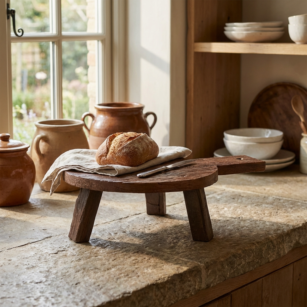 Wooden bread board with bread on a kitchen counter with ceramic pots and bowls.