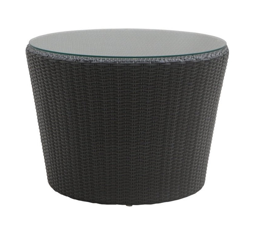 A round outdoor side table with a woven base and a optional clear glass tabletop, designed for patio or garden use.