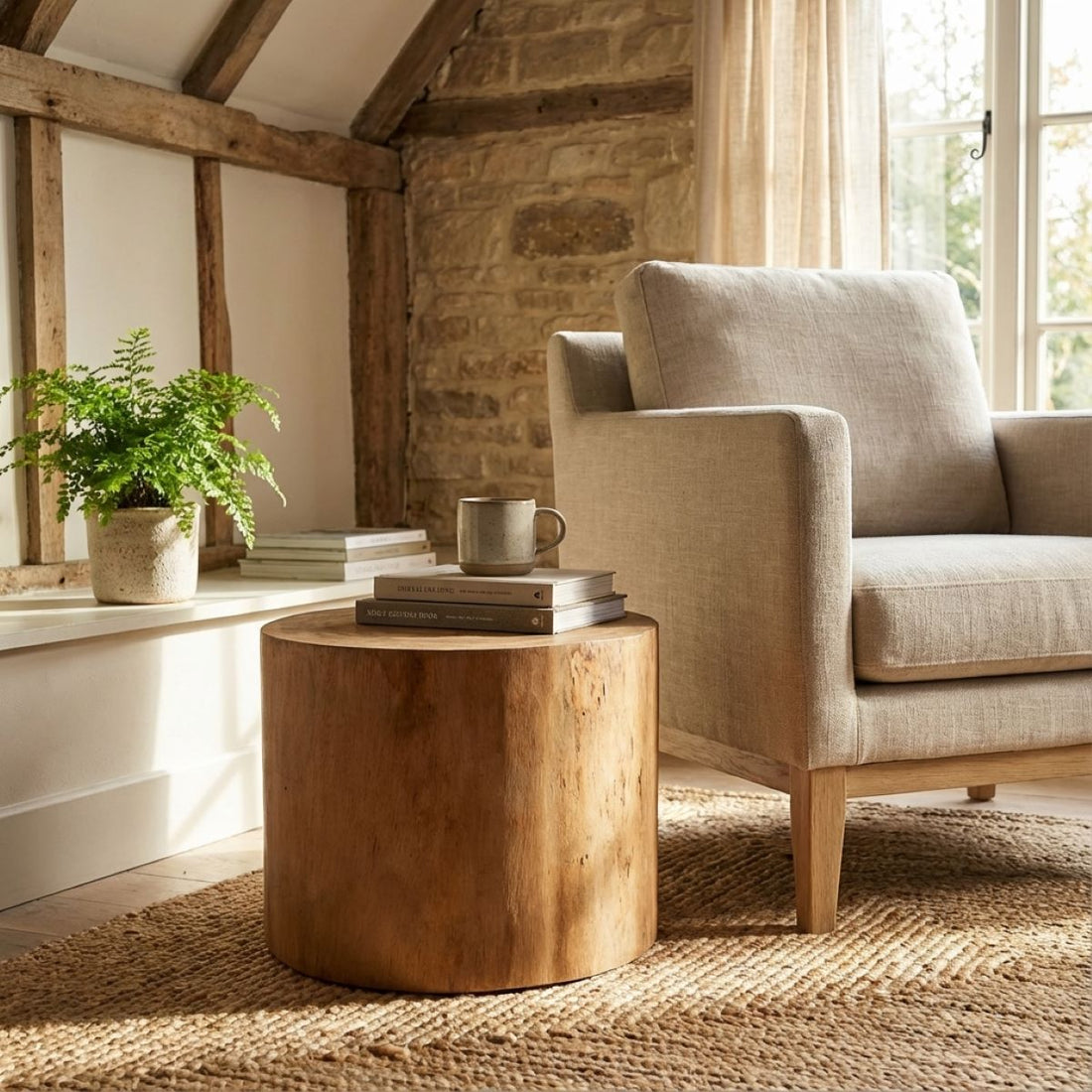 Cozy living room with a beige armchair, wooden side table, and books.
