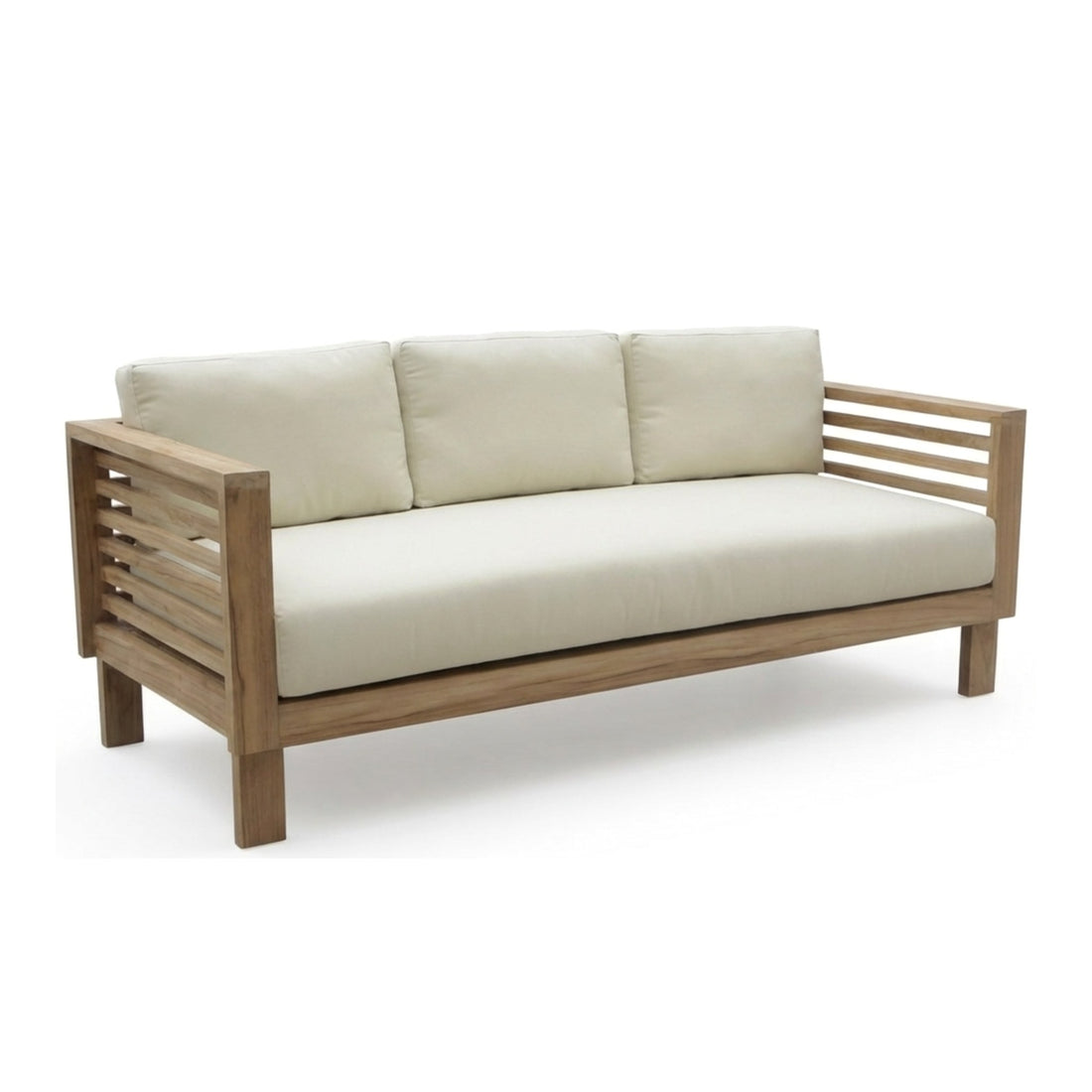 Saint Tropez sofa in angled view with beige cushions and wooden frame