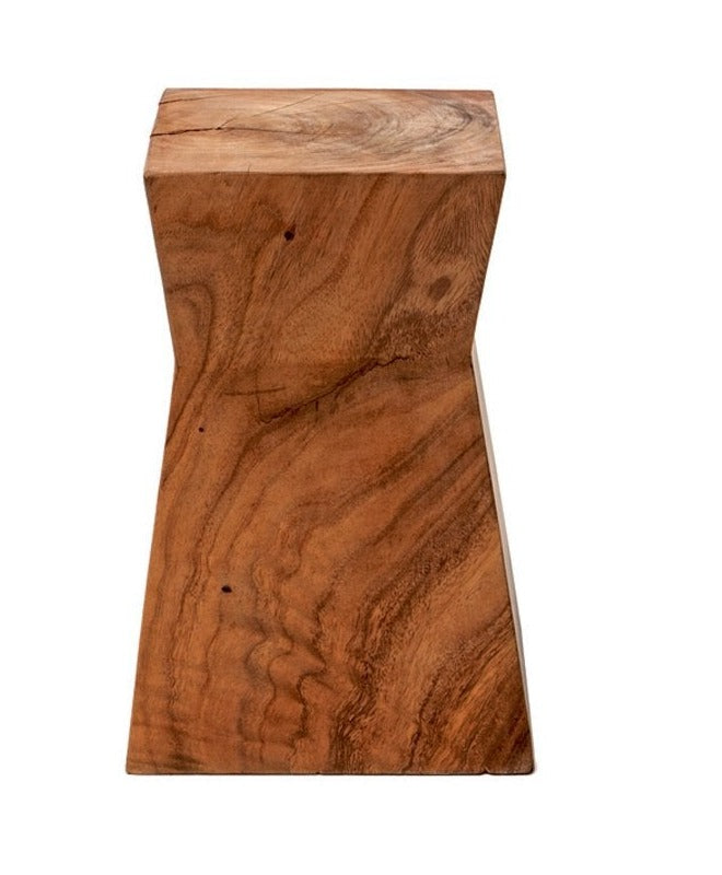 A brown wooden stool with a smooth finish and minimal design features.