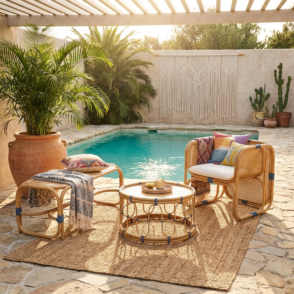 Outdoor patio with wicker furniture, table, and cushions by a pool.