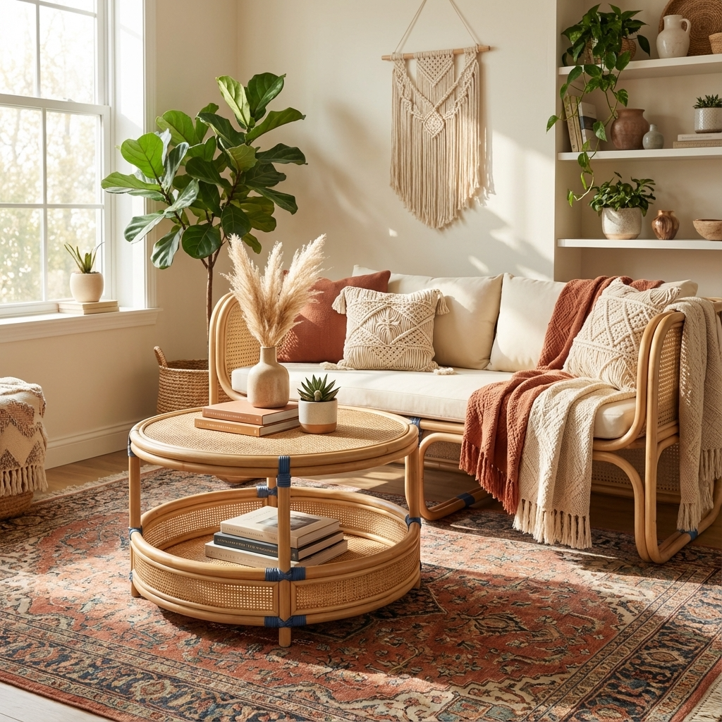 Cozy living room with wicker furniture, plants, and decorative wall hanging.