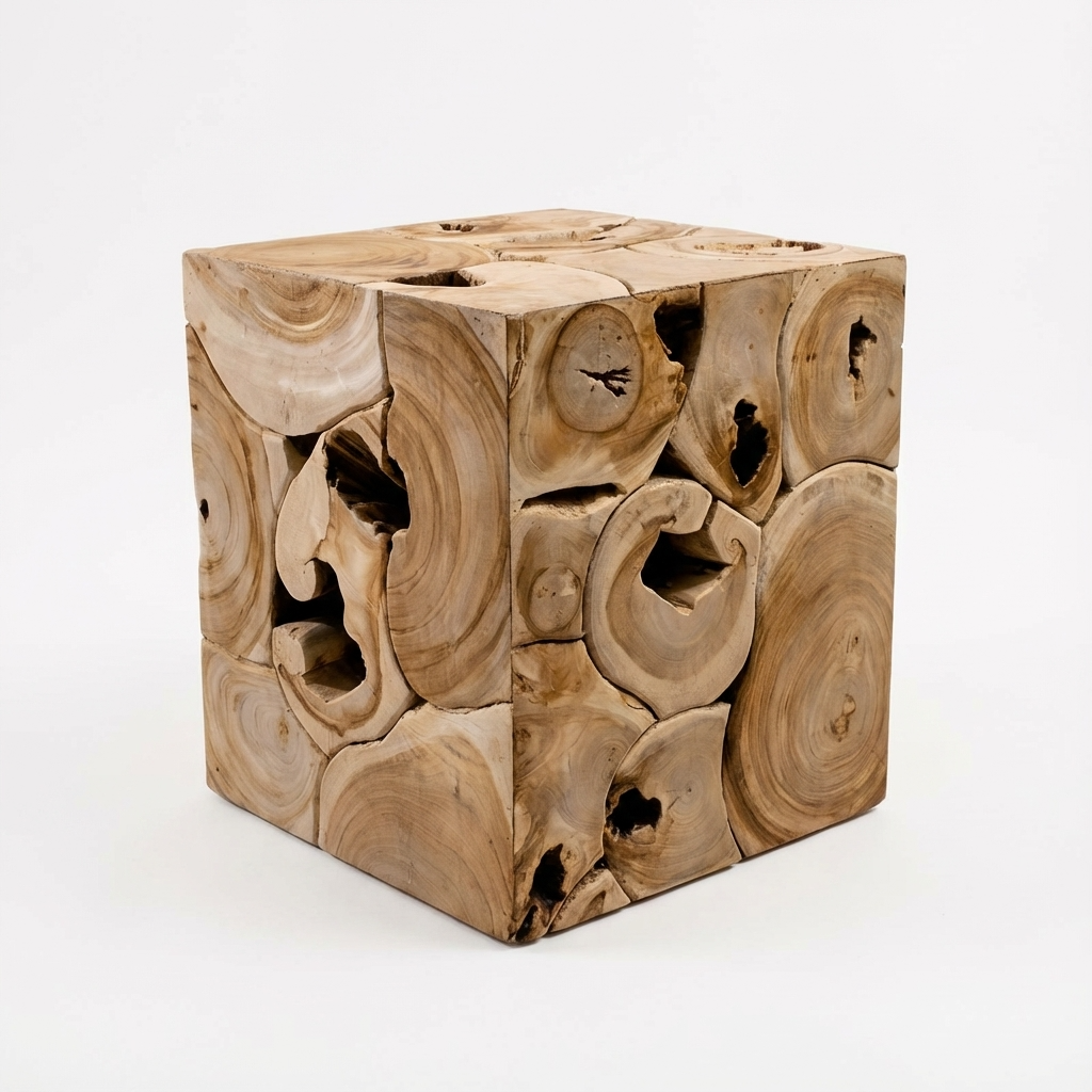 Wooden cube with natural grain and texture on a white background