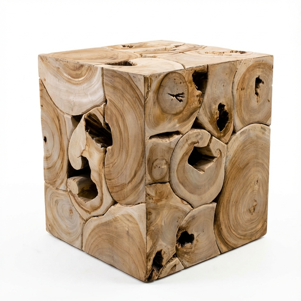 Wooden cube with natural patterns on a white background