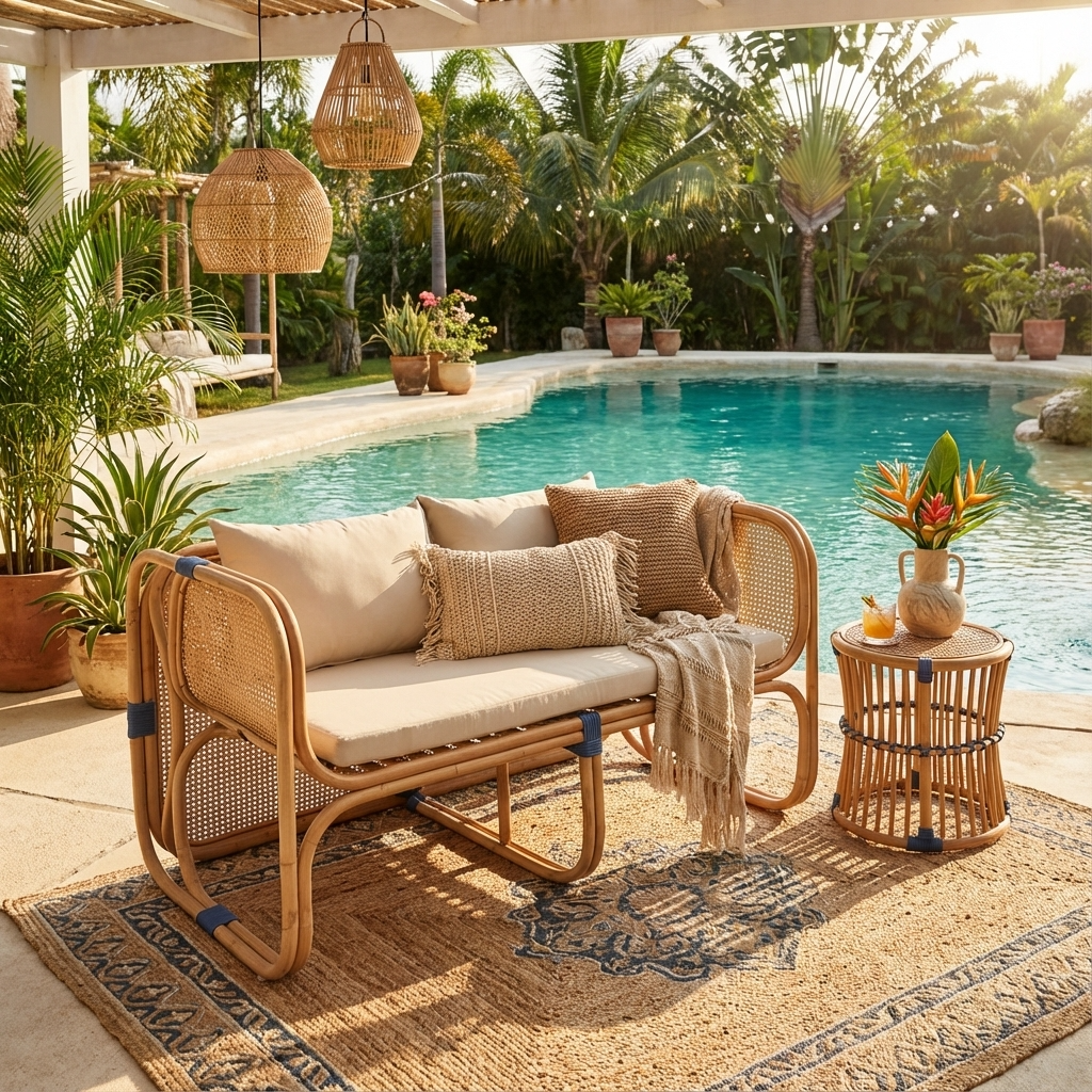 Outdoor seating area with wicker furniture by a pool, surrounded by plants and decor.