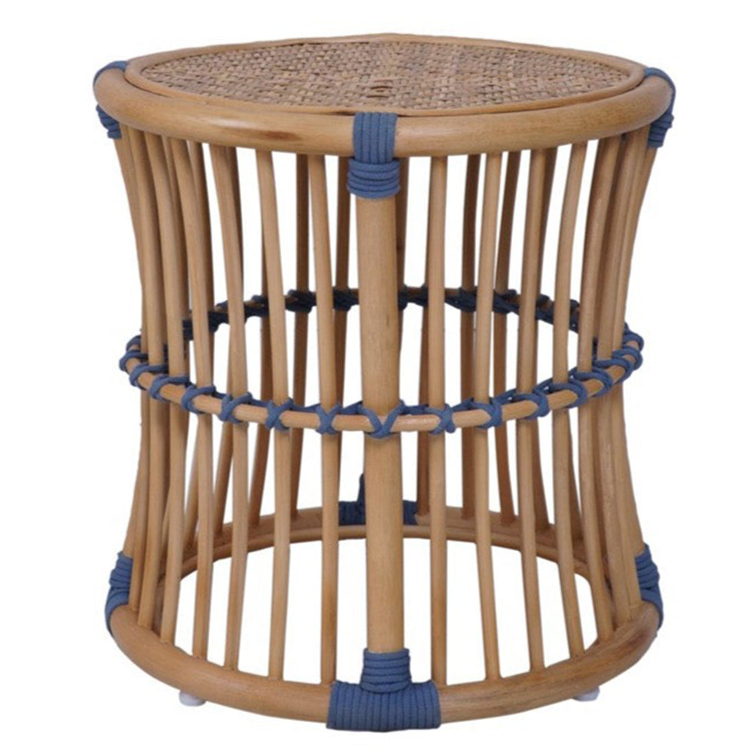 A round rattan side table with a beige frame and blue accents, designed for outdoor or indoor use.