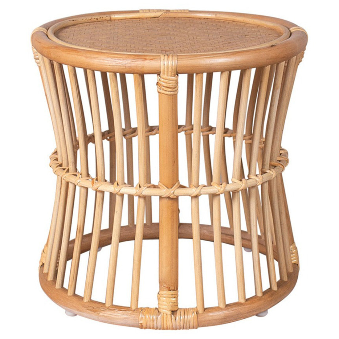 A round rattan side table with a beige frame, designed for outdoor or indoor use.