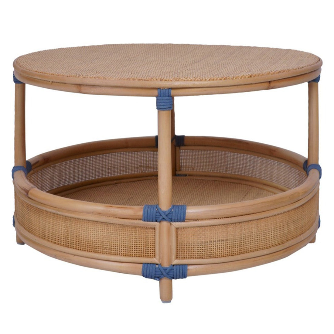 A round side table with a bamboo, rattan, and rope construction, featuring a two-tier design with blue accents.