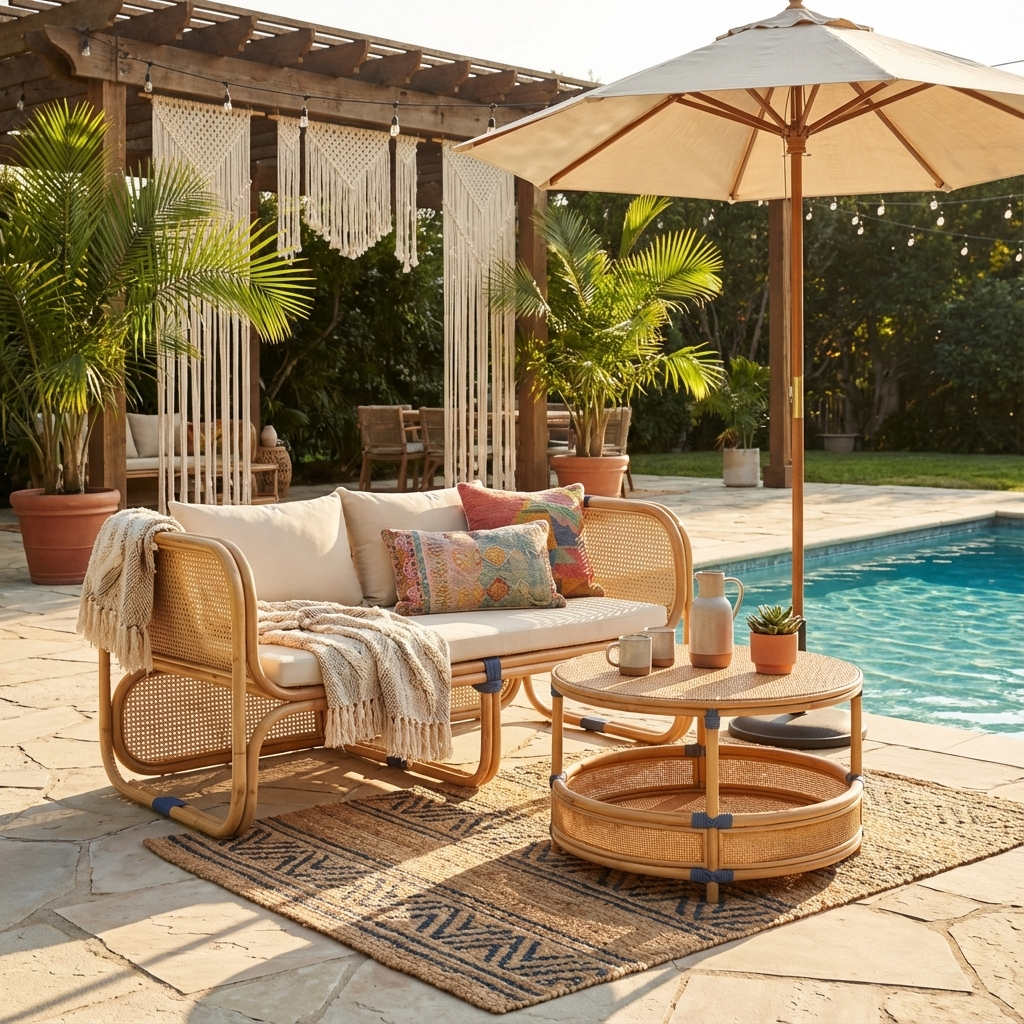 Outdoor patio setup with wicker furniture, umbrella, and plants by a pool.