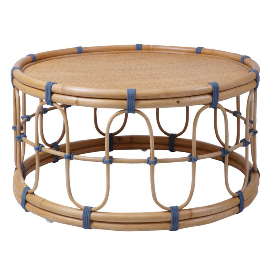A round side table made of bamboo, rattan, and rope with a natural color finish and blue accents.