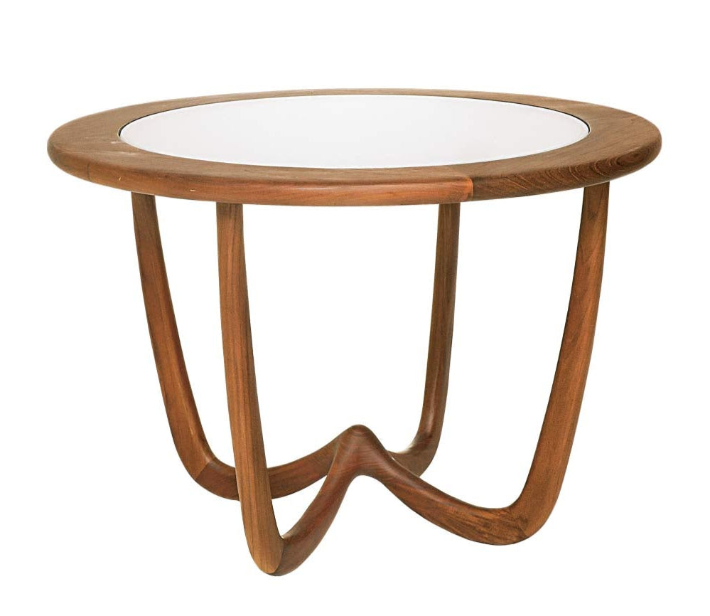 Wooden side table with a white circular top 
